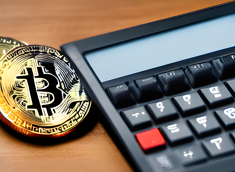Calculator on a desktop, next to a bitcoin coin